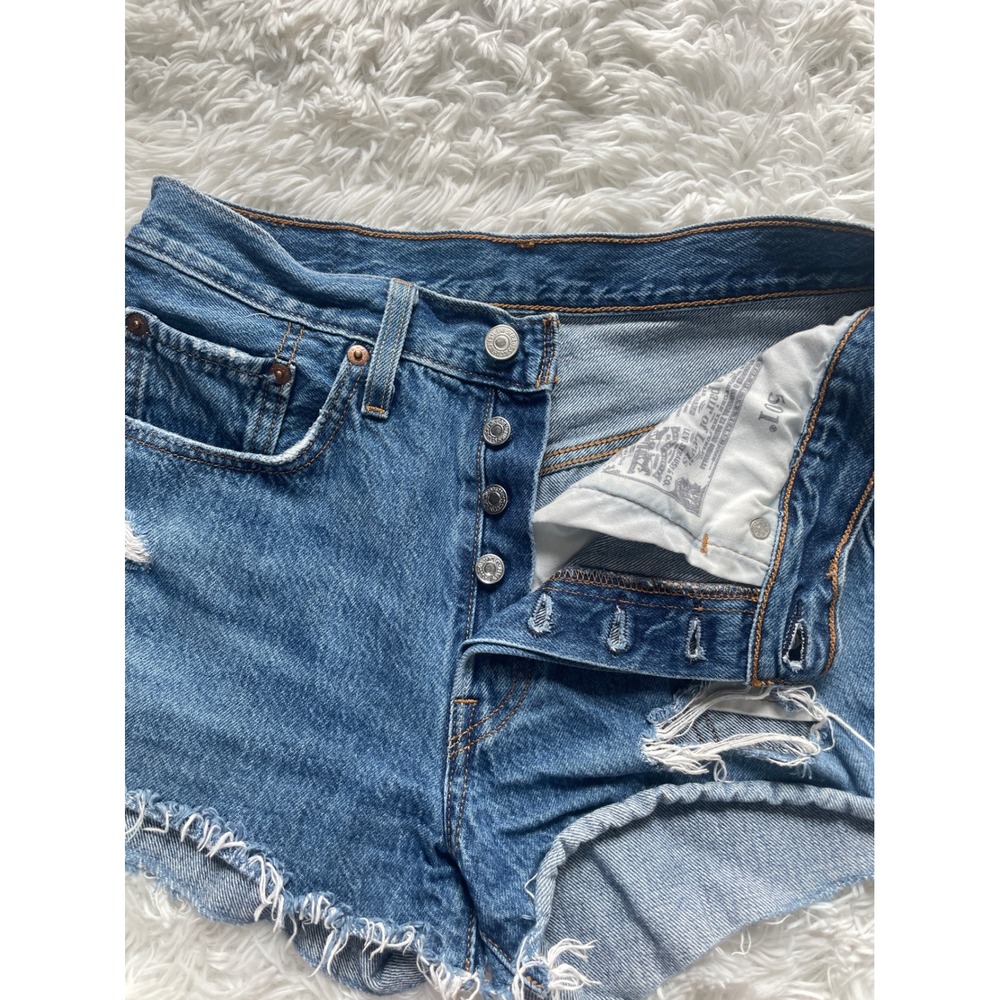 Levi's 501 Denim Shorts Distressed High Rise Cut Off Raw Hem - Picture 2 of 8